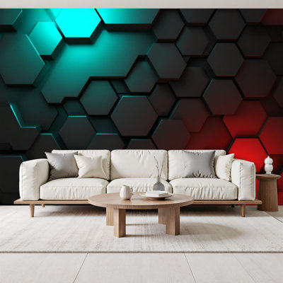 Papier peint adhésif néon à motif géométrique abstrait hexagonal rouge sarcelle dégradé rouge, futuriste, H 69 po x l 96 po, papier mural amovible en PVC, autocollant pour chambre à coucher, bureau à domicile