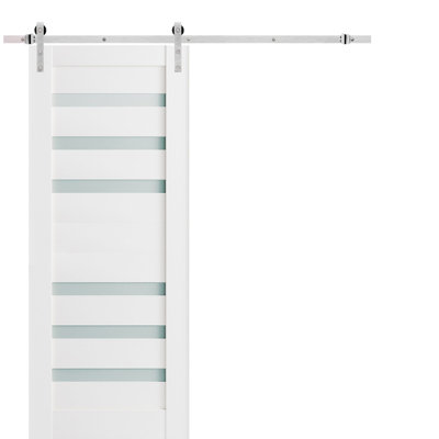 Porte de grange robuste en verre dépoli Quadro 4266 Blanc Soie, rail de 2 m (6,6 pi), quincaillerie lourde, porte intérieure à panneau plein - 81 cm x 203 cm (32 po x 80 po) - Rail argenté