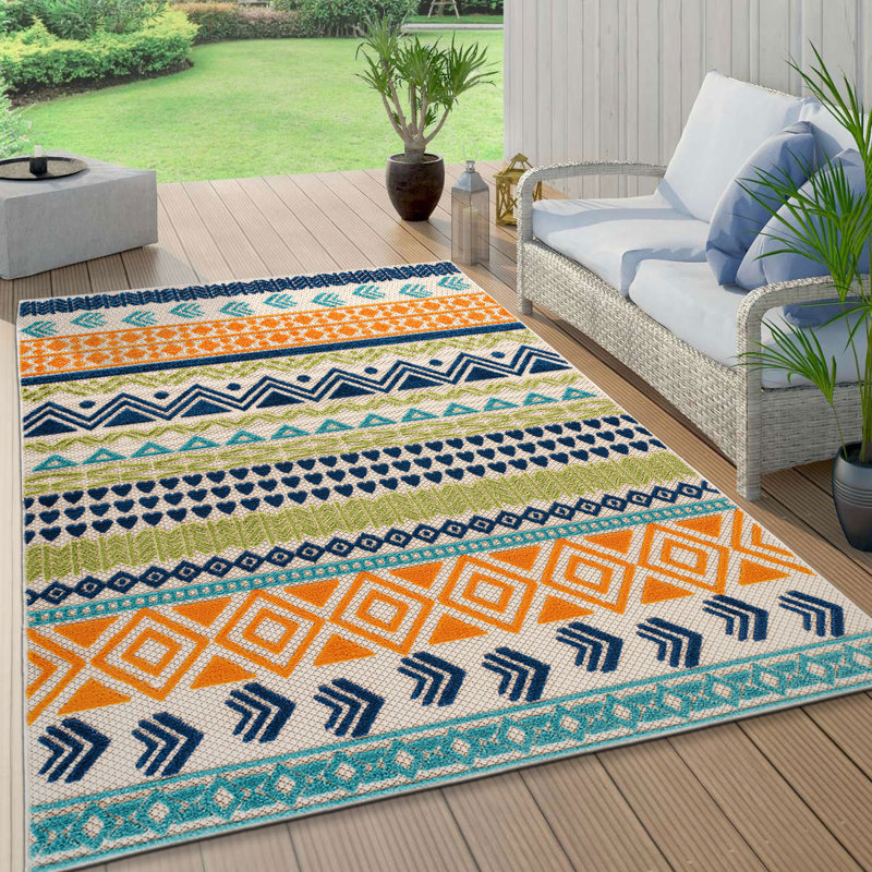 Duxbury Geometric Bohemian Indoor/Outdoor Area Rug Orange/Navy/Green, Rectangle 4' x 6'