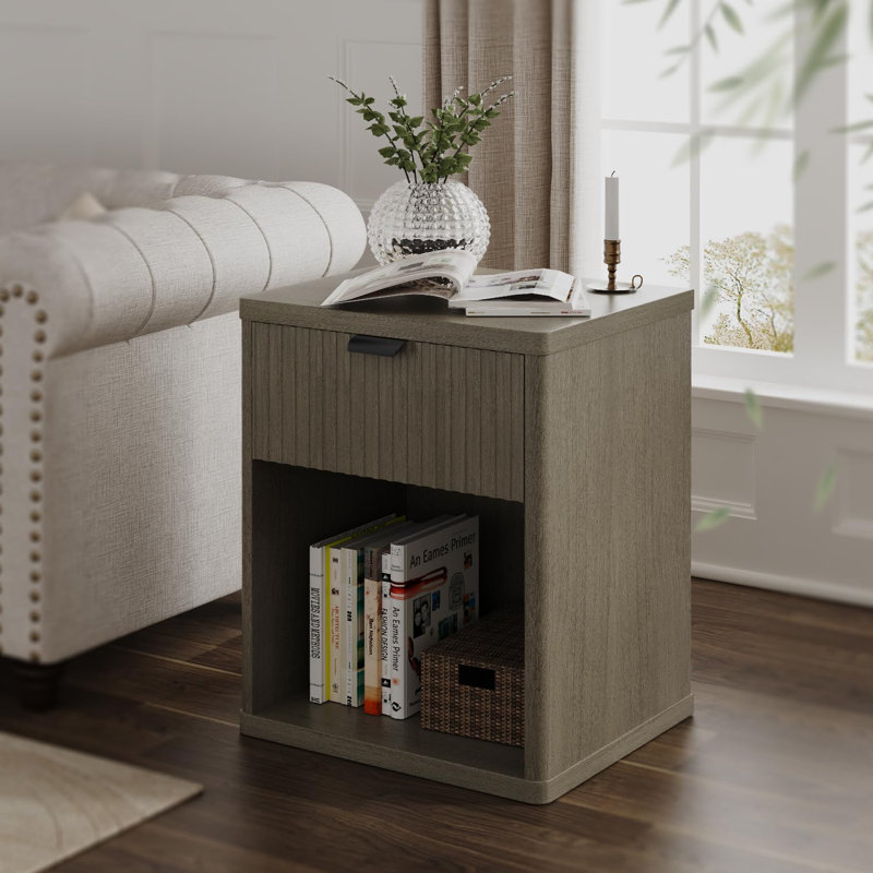 Table de chevet avec tiroir cannelé - Table de chevet moderne en bois de style Mid-Century pour chambre à coucher, salon, bureau - Table de bout élégante avec niche ouverte