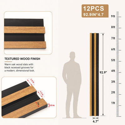 PS Wood Slat Wall Panels, 12 Pack, 3.94 x 92.91 in, Covers Approx. 30.5 sq.ft., 3D Fluted Wall Panels for Interior Wall Decor, Modern Decorative Wall Paneling for Bedroom, Living Room, Office & TV Background Wall