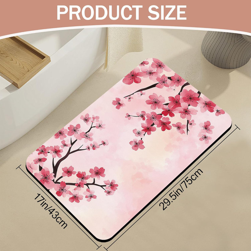 Tapis de bain fleur rose, tapis de bain en terre de diacre à fleurs de cerisier, tapis en caoutchouc antidérapant pour salle de bain lavable à séchage rapide 17 po x 29,5 po