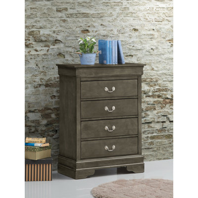 Élégant coffre de rangement gris traditionnel avec quatre tiroirs spacieux, parfait pour les espaces de vie organisés et élégants.