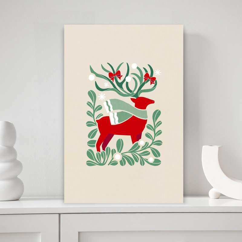 Festive Red Deer Abstract Contemporary Deer Forest Nature Wall Art Print 1 Piece Wrapped Canvas Wall Art