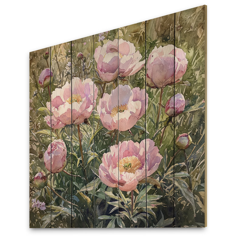 Peonies In The Flower Garden I - Peonies Wood Wall Art - On Natural Pine Wood, 15" H x 15" W x 0.78" D