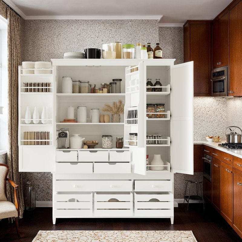 Garde-manger en bois de pin avec 10 tiroirs, 4 plateaux, Blanc