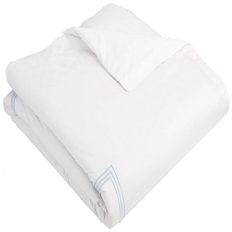400TC Cotton Triple Embroidery Sateen Solid Duvet Cover Set, White/Light Blue, California King/King Duvet Cover