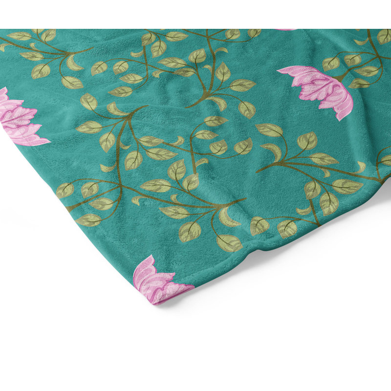 Couverture en velours de coton Anjelica, L 60 po x l 50 po, Floral bleu sarcelle