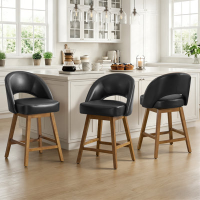 26.4" Swivel Counter Bar Stool With Pocket Spring Cushion & Solid Wood Legs, Upholstered Armless Barstools (Set of 3)