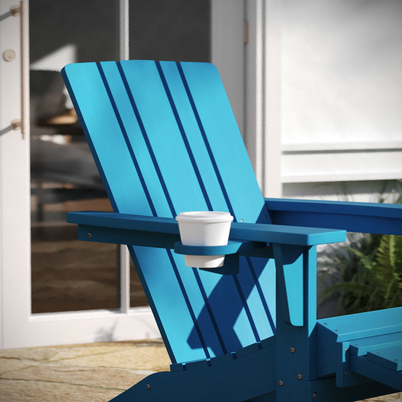 Collis All-Weather HDPE Indoor/Outdoor Adirondack Chair with Cup Holder and Pull Out Ottoman, Blue