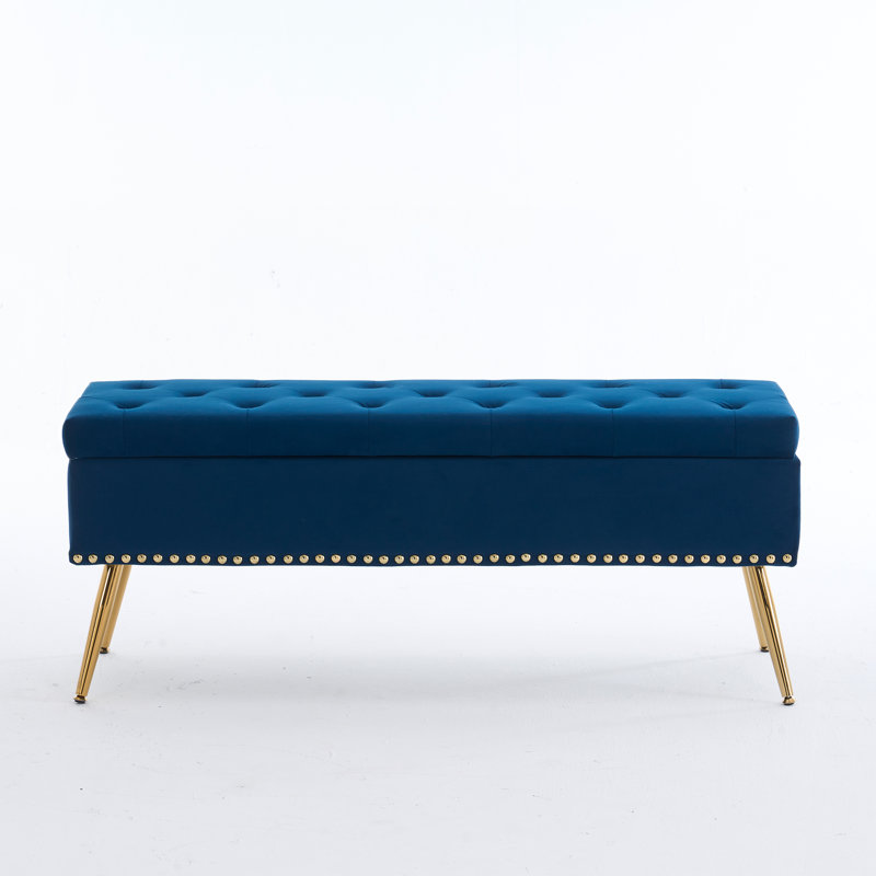 Banc repose-pieds en velours avec rangement, Marine, H 18 po x l 46 po x P 15,5 po