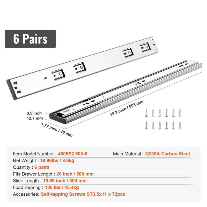 6 paires de glissières latérales de tiroir de 50,8 cm (20 po), capacité de charge de 45 kg (100 lb), rail en acier robuste à extension complète, glissières silencieuses à fermeture amortie pour armoires de cuisine avec roulement à billes