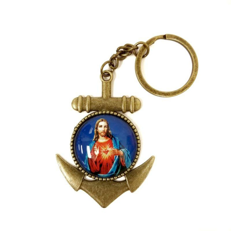 Porte-clés Adalaina à finition antique Sacré-Cœur de Jésus sur une ancre