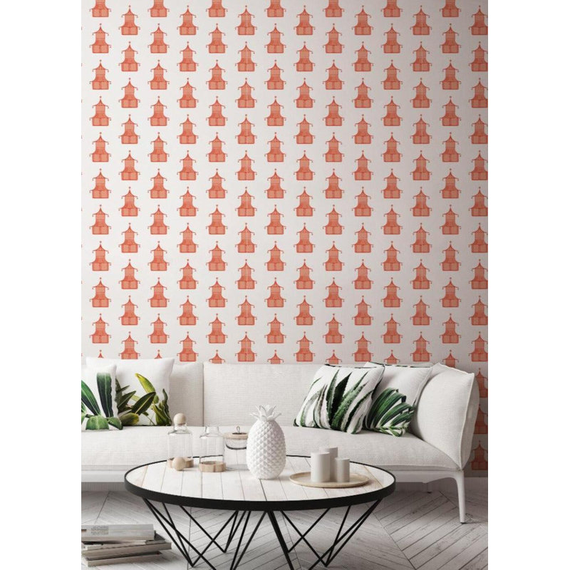 Pagoda 10' L x 24" W Peel and Stick Wallpaper Roll, Coral, Faux Grasscloth, Non-pasted