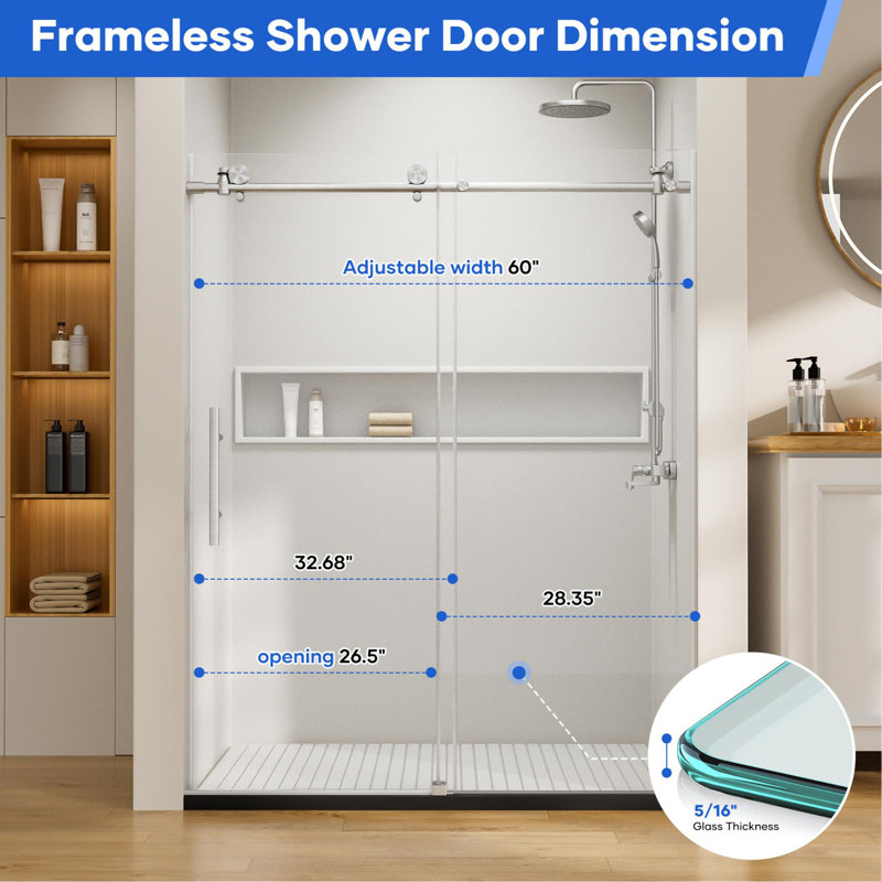 56"-60" W X 74" H Single Sliding Frameless Shower Door 8Mm Thickened Tempered Glass Stainless Steel Hardware