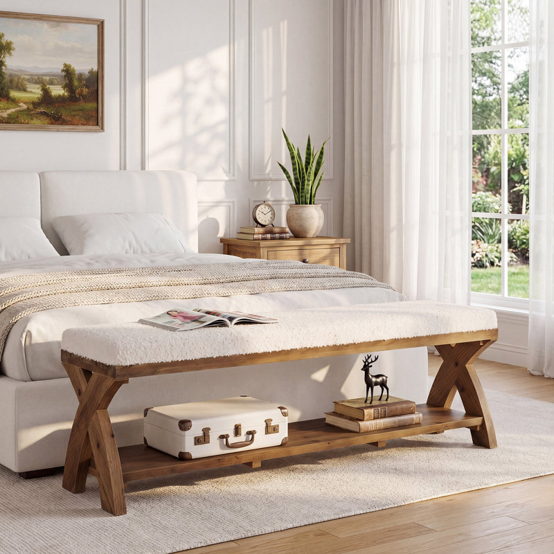 55" Solid Wood End Of Bed Bench with Storage Shelf, Farmhouse Upholstered Dining Bench