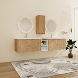 84'' Wall-Mounted Double Bathroom Vanity With Resin Vanity Top & Side Cabinet
