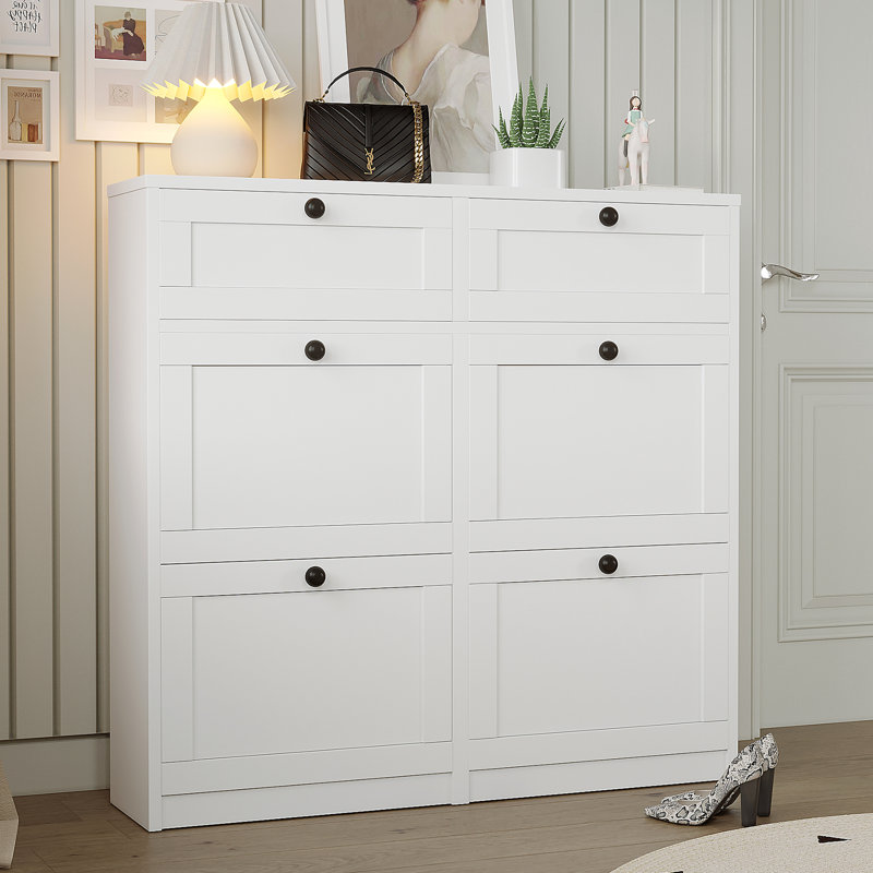 Meuble à chaussures pour 24 paires, avec 4 portes et 2 tiroirs, tablettes ajustables pour entrée., Blanc