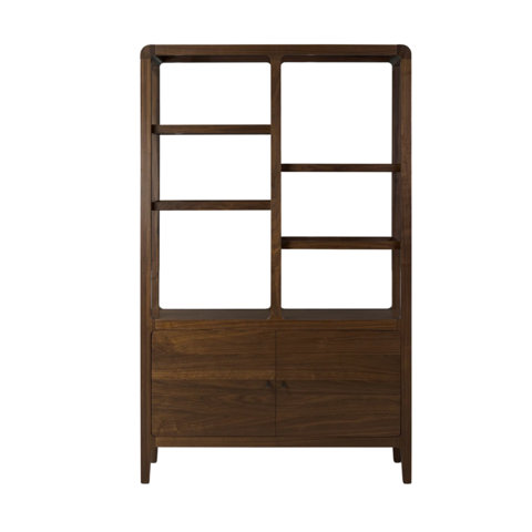 Walnut bookcase with open shelving and storage cabinet.