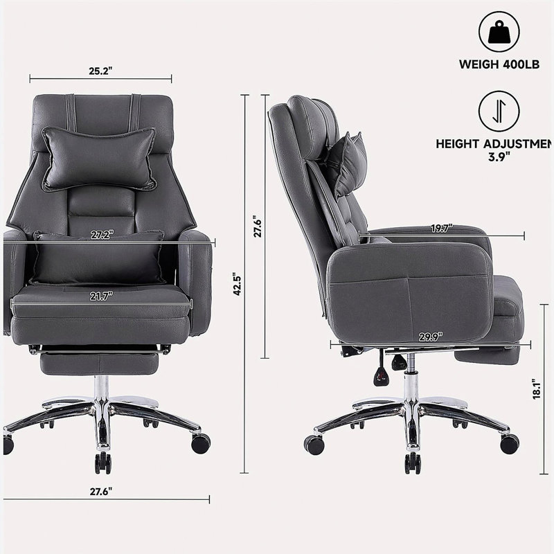 Fauteuil de bureau pivotant et ergonomique, fauteuil de bureau en cuir technique à haut dossier avec support lombaire et appui-tête, fauteuil de direction confortable, fauteuil d'ordinateur inclinable à 155 ° (couleur: gris foncé)