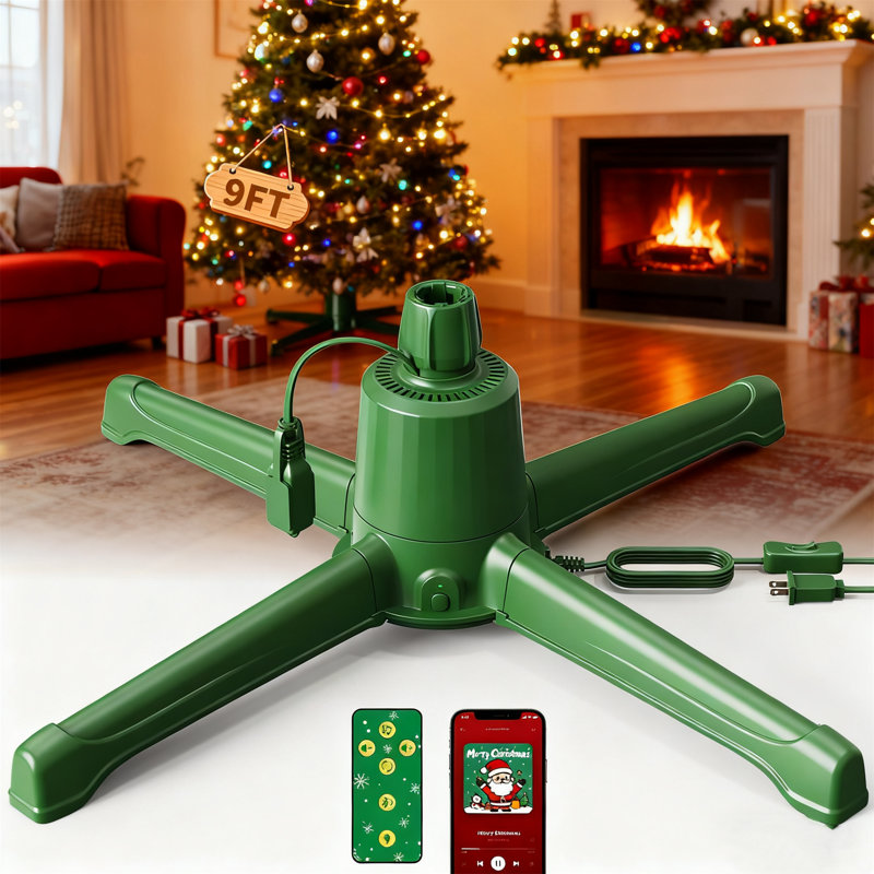 Support musical pour arbre de Noël rotatif avec télécommande, base anti-basculement silencieuse à 360 degrés avec haut-parleur et fonction de mémoire, support d'arbre de Noël jusqu'à 9 pi, arbre artificiel de 120 lb et 800 W