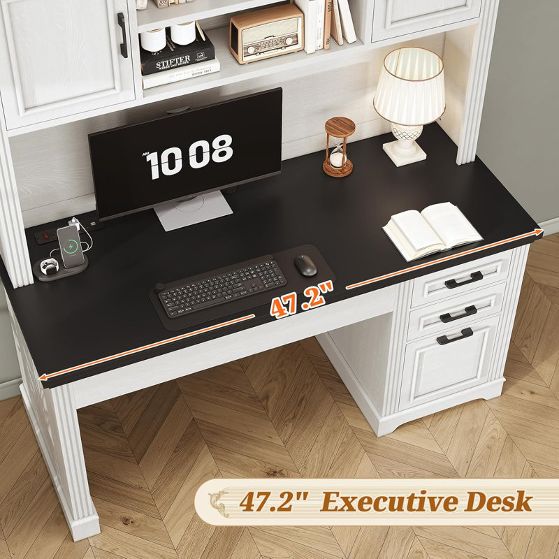 Farmhouse Computer Desk With Hutch And 3 Drawers, 47.2" Executive Office Desk With Storage Drawers, Wood Desk With Power Outlet For Home Office