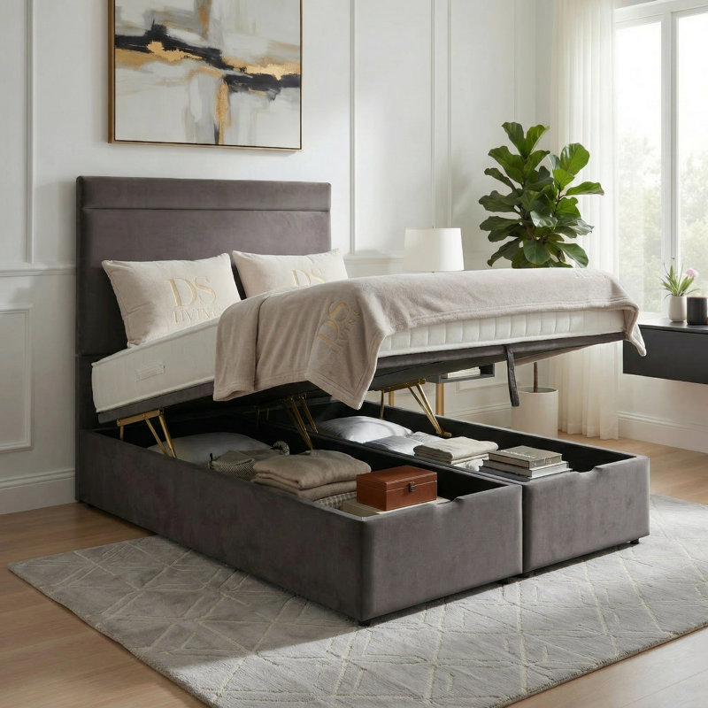 Upholstered Ottoman Bed, Grey, Double