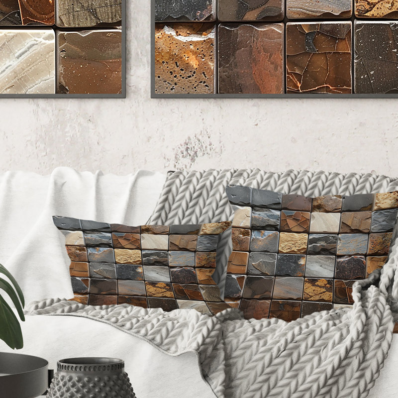 Carreaux de mosaïque brun et beige V - Coussin décoratif moderne, H 18 po x l 18 po