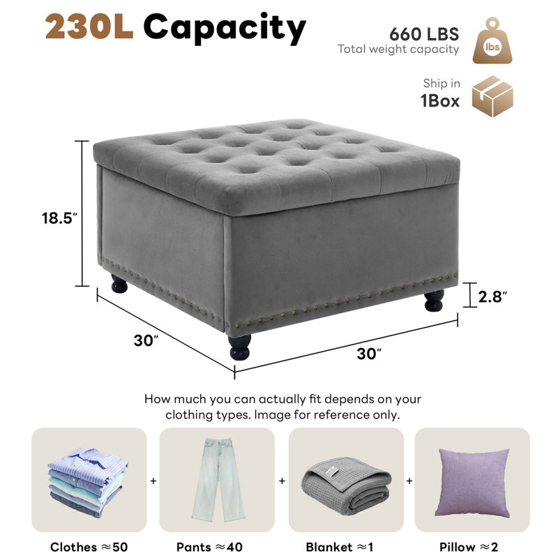Arshi 30'' Tufted Square Storage Ottoman, Gray Velvet