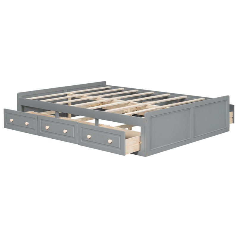 Structure de lit plateforme en bois avec 6 tiroirs, gris