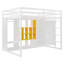 Lit mezzanine en bois pleine grandeur avec garde-robe, tablettes et armoire, blanc et jaune-1731634181