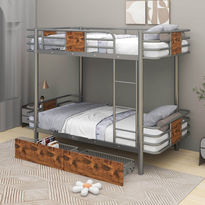 Ambrea Twin XL over Twin XL Metal Bunk Bed with MDF Board Guardrail and Two Storage Drawers -  Mason & Marbles, 77D65B19A8AD4C4E97C43E760178CB0E