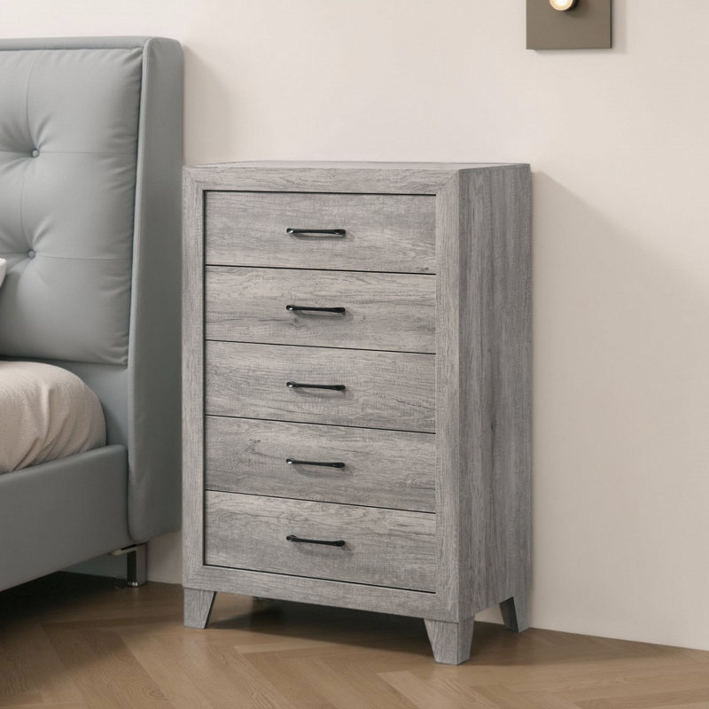 Commode haute 5 tiroirs Rustic-Chic - Finition grain de bois avec style maison de campagne contemporaine, Gris