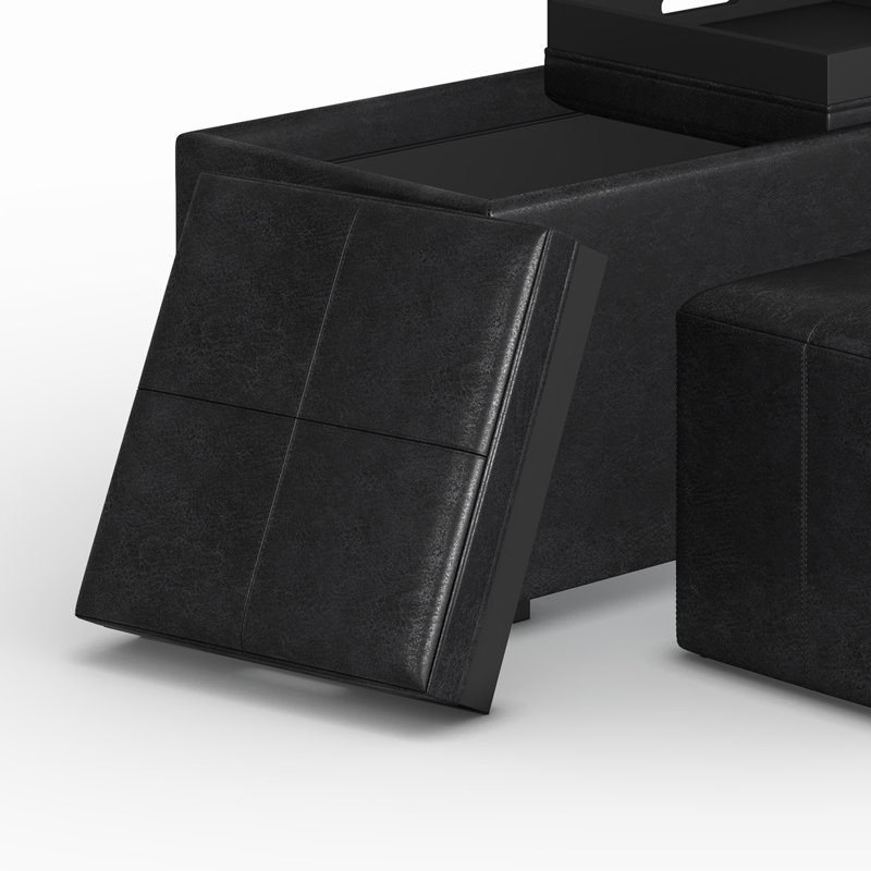 Avalon 35"W Upholstered Storage Ottoman Set with 5 Pieces and Flip-Over Serving Tray Lids, Distressed Black Faux Leather