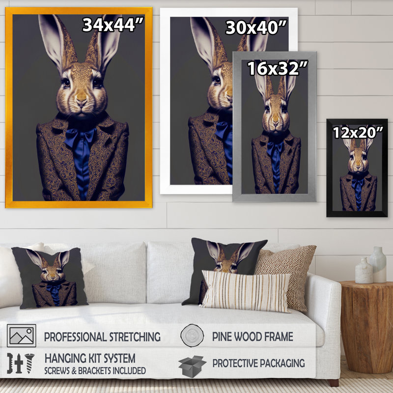 Fancy Rabbit In A Gray and Blue - Reproduction sur toile encadrée de lapin, Impression noire sur toile encadrée