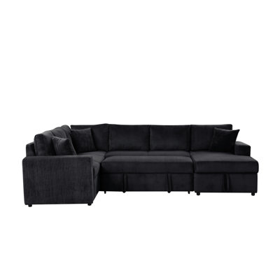 123"W Black Corduroy Sleeper Sectional Sofa With Right-Facing Storage Chaise And Throw Pillows