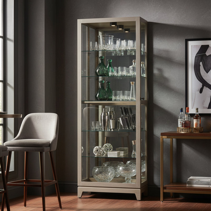 Jelicia Lighted Glass Curio Cabinet with Adjustable Shelves, Red