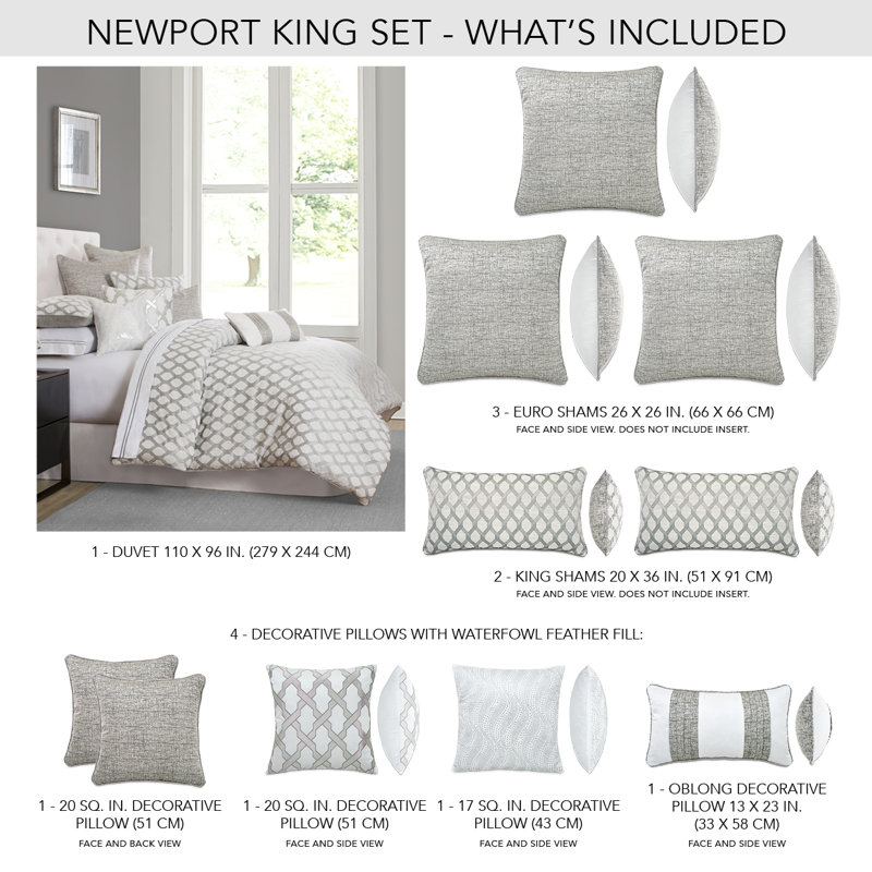 Newport Comforter Set - Platinum, King Comforter + 5 Shams + 4 Throw Pillows