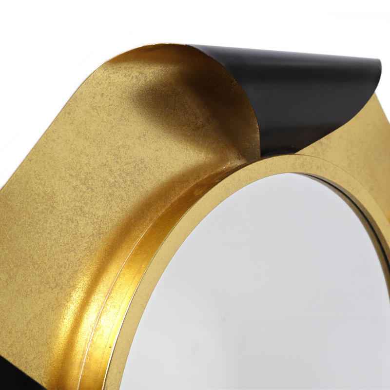 Miroir mural rond sur cadre octogonal en feuille d'or avec cadre en métal enroulé
