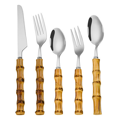 Bamboo Handle Flatware Set, 304 Stainless Steel Steak Knife Fork Spoon, 20-Piece