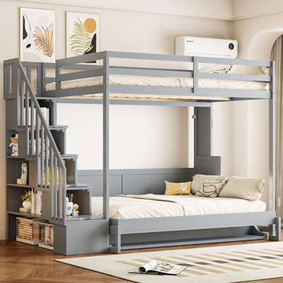 Lit double gris avec pliage hydraulique, lit superposé et bureau compact. Maximise l'espace dans les petites pièces d'ascenseur, lit mezzanine, rangement d'escalier. Un multifonctionnel pour divers