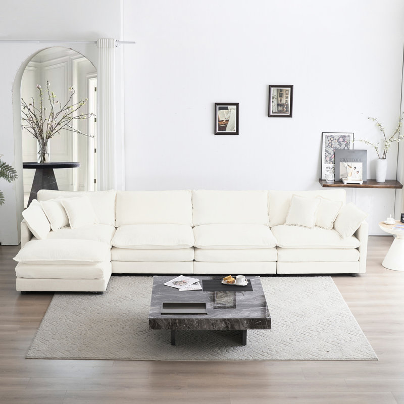 Canapé modulaire en U en chenille blanc pour salon: convertible 5 places