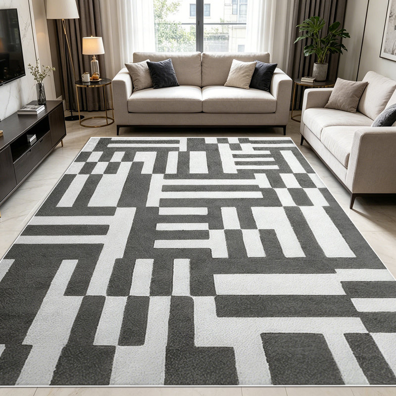 1PC Geometric Grey White Block Maze Pattern area rugs for Living Room, Soft and Comfortable, Suitable for all seasons, easy-to-maintain, machine washable Indoor floor mat, Under Table Farmhouse suitable for dining room, bedroom, home office,