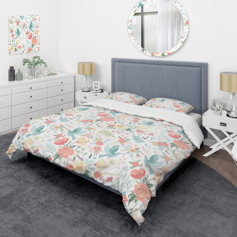 Multicolore oiseaux et fleurs - Ensemble de housse de couette floral - Microfibre de polyester