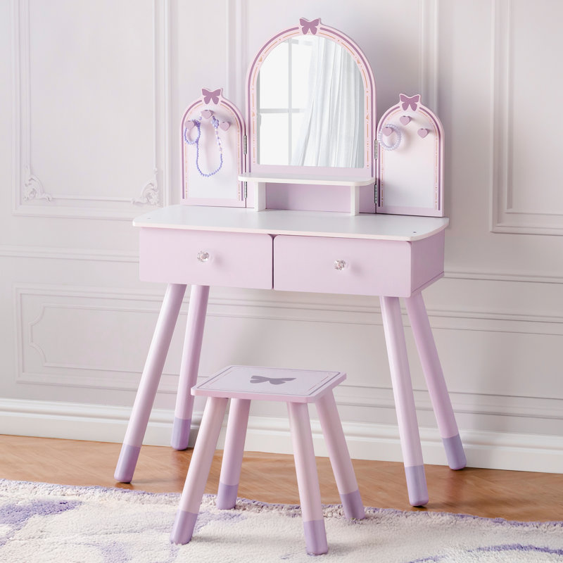 Coiffeuse et tabouret de maquillage pour enfants 2 pièces, Mauve