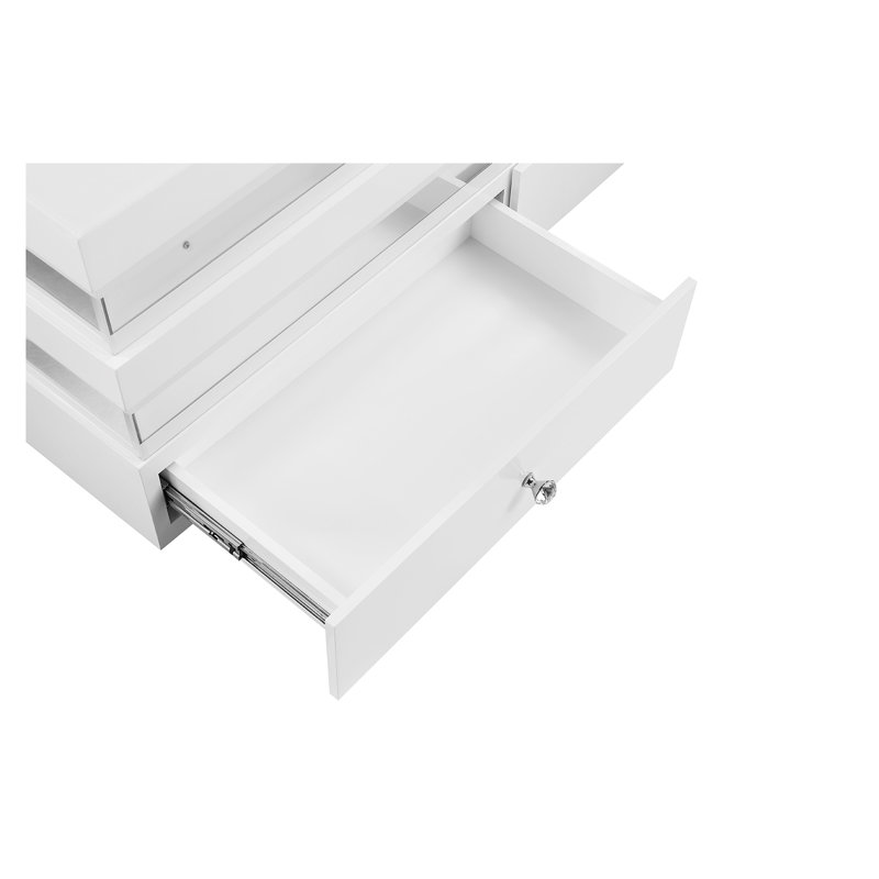 Table basse rectangulaire blanche contemporaine avec éclairage DEL, chargement sans fil, haut-parleur Bluetooth et tiroirs à queue d'aronde française