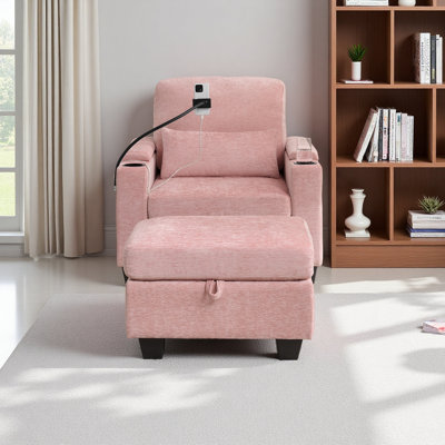 Single Sofa Recliner With Manually Adjustable Backrest, USB Charging Port On The Armrest Side, Phone Stand Included, Hidden Armrest Storage, And A Matching Storage Ottoman