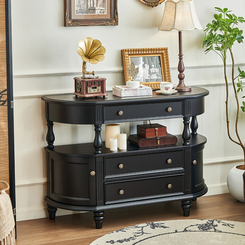 Curved Cabinet Body Metal Handle Buffet Table, Black