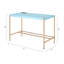 Bureau d'écriture en métal avec port USB pour les bureaux à domicile modernes, bureau bleu foncé et base ouverte dorée