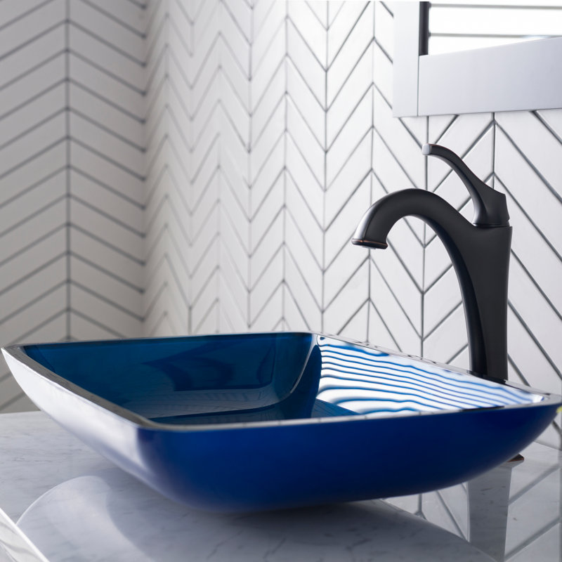 Glass Rectangular Vessel Bathroom Sink with Faucet, Oil Rubbed Bronze, Blue